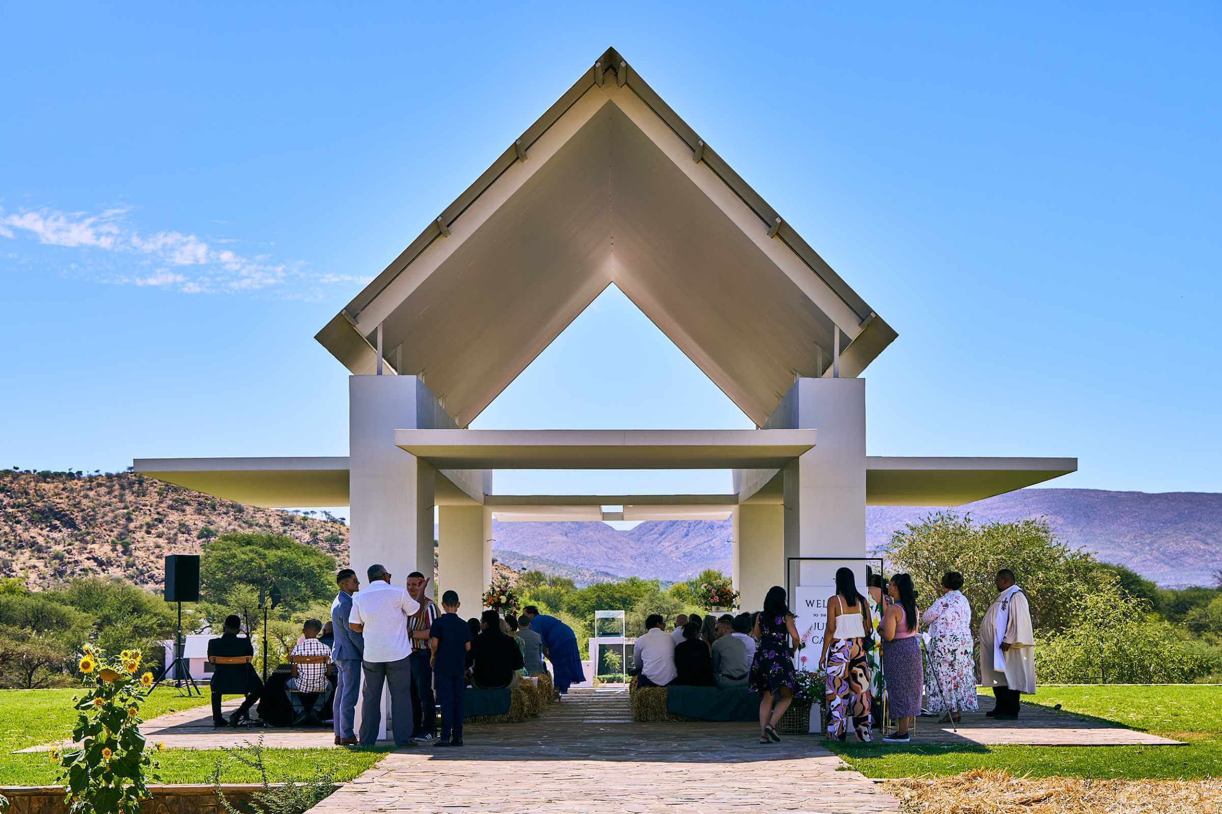 Guest in the open-air chapel at Sandwerf that overlooks the Joseph's Dream Stud paddocks and stable and, in the distance, the surrounding mountains.